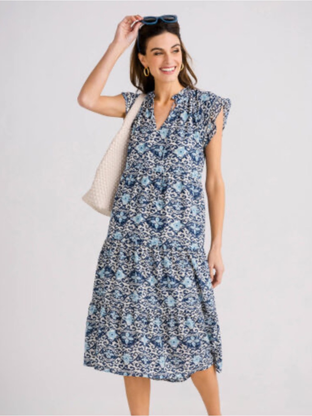 THML Sky Blue Floral Smocked Dress XS Boho Ruffle Lined Floral Abstract Print